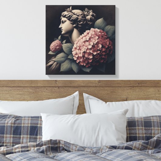 Klassieke scène met gipsombeeld en hortensia canvas afdruk (Insitu (Slaapkamer))