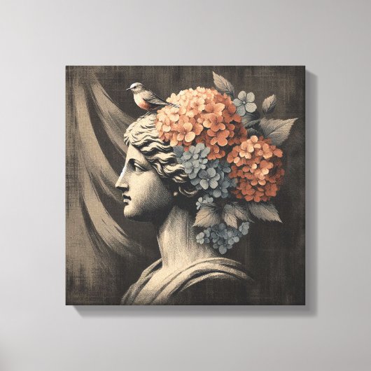 Klassieke scène met gipsombeeld en hortensia canvas afdruk (Voorkant)