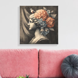 Klassieke scène met gipsombeeld en hortensia canvas afdruk