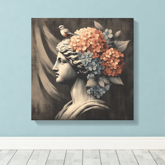 Klassieke scène met gipsombeeld en hortensia canvas afdruk (Insitu (Houten vloer))