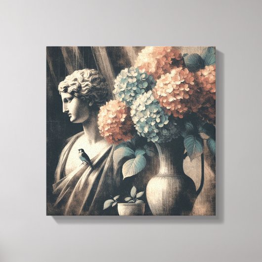 Klassieke scène met gipsombeeld en hortensia canvas afdruk (Voorkant)