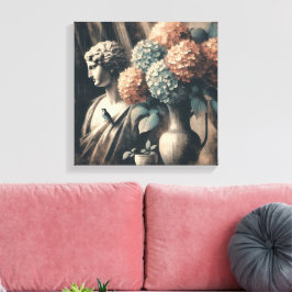 Klassieke scène met gipsombeeld en hortensia canvas afdruk