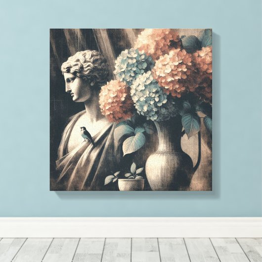 Klassieke scène met gipsombeeld en hortensia canvas afdruk (Insitu (Houten vloer))