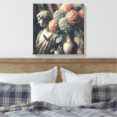 Klassieke scène met gipsombeeld en hortensia canvas afdruk (Insitu (Slaapkamer))