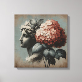 Klassieke scène met gipsombeeld en hortensia canvas afdruk