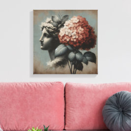 Klassieke scène met gipsombeeld en hortensia canvas afdruk