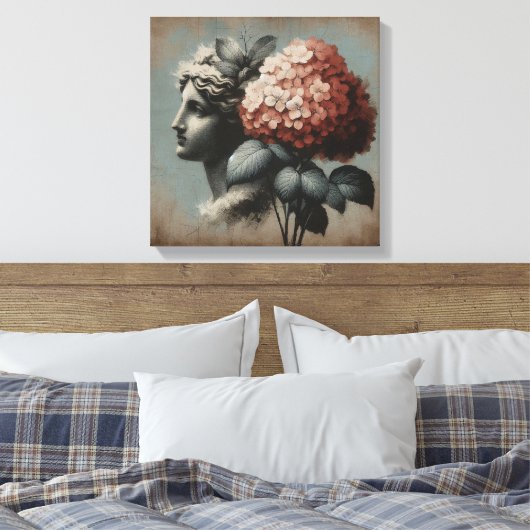 Klassieke scène met gipsombeeld en hortensia canvas afdruk (Insitu (Slaapkamer))