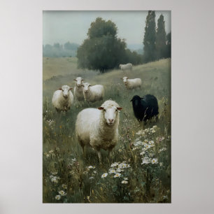 Klassieke Schapenprint, Zwarte Schapen Boerderij D Poster