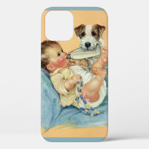 Klassieke Schattige Babyjongen met Fles en Hondje iPhone 12 Hoesje