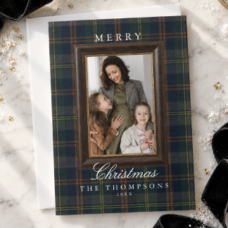 Klassieke Schotse Plaid Omlijst Familiefoto Kerstm Feestdagenkaart