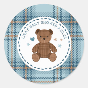 Klassieke Schotse Plaid Teddybeer, Baby Boy Shower Ronde Sticker