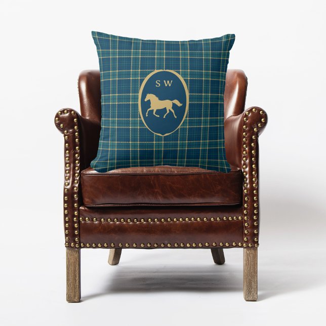 Klassieke Schotse Ruit Paard Equestrie Monogram Kussen (Creator heeft geüpload)