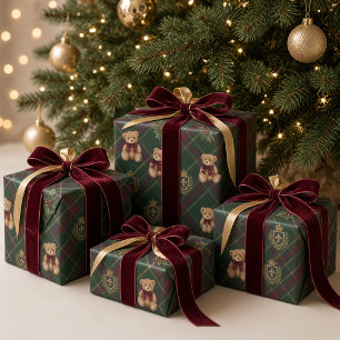 Klassieke Schotse Teddybeer met Bourgondische Stri Cadeaupapier