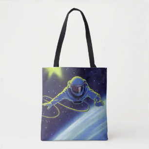 Klassieke sciencefiction-astronaut op een ruimtewa tote bag