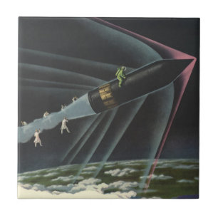 Klassieke sciencefiction-astronaut rijdt op een ra tegeltje