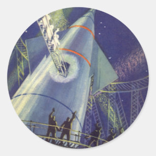 Klassieke sciencefiction-astronauten op een raket ronde sticker