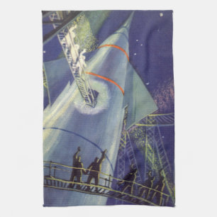 Klassieke sciencefiction-astronauten op een raket theedoek