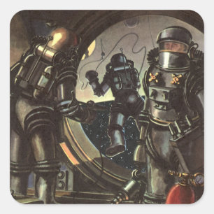 Klassieke sciencefiction-astronauten op een ruimte vierkante sticker
