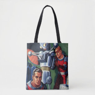 Klassieke sciencefiction-astronauten repareren een tote bag