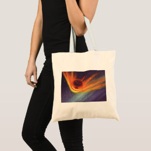 Klassieke sciencefiction, gloeiende raket in de ru tote bag
