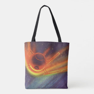 Klassieke sciencefiction, gloeiende raket in de ru tote bag