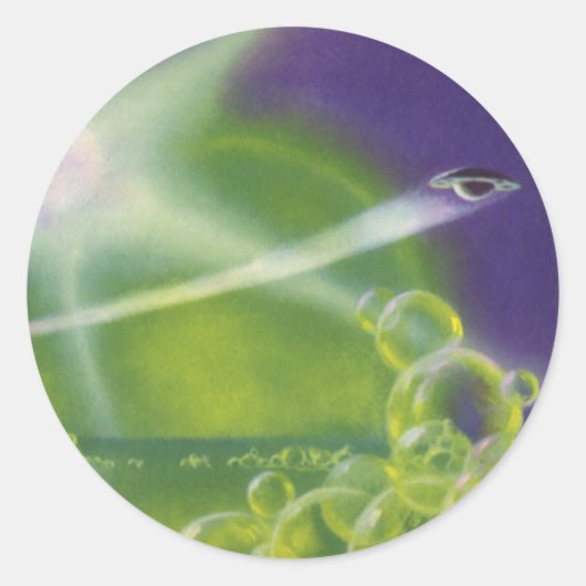 Klassieke Sciencefiction Groen-Bellenplaneet Ronde Sticker (Voorkant)
