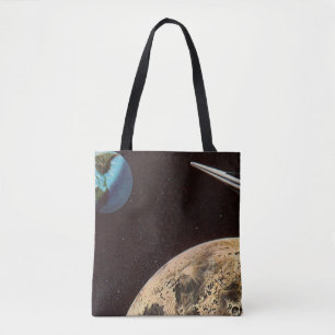 Klassieke sciencefiction, raket schip boven de maa tote bag