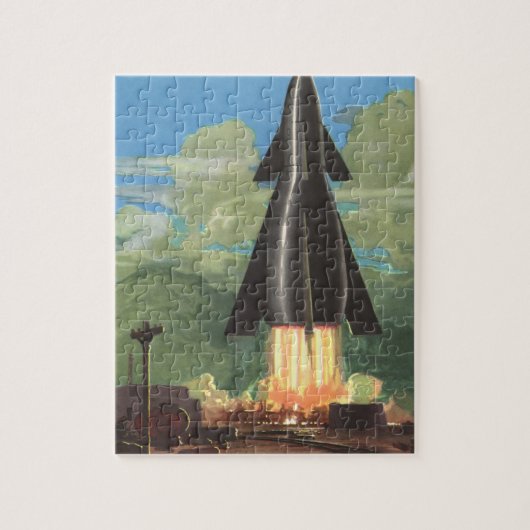 Klassieke sciencefiction, raket vertrekt van de aa legpuzzel (Verticaal)