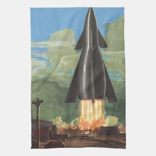 Klassieke sciencefiction, raket vertrekt van de aa theedoek (Verticaal)
