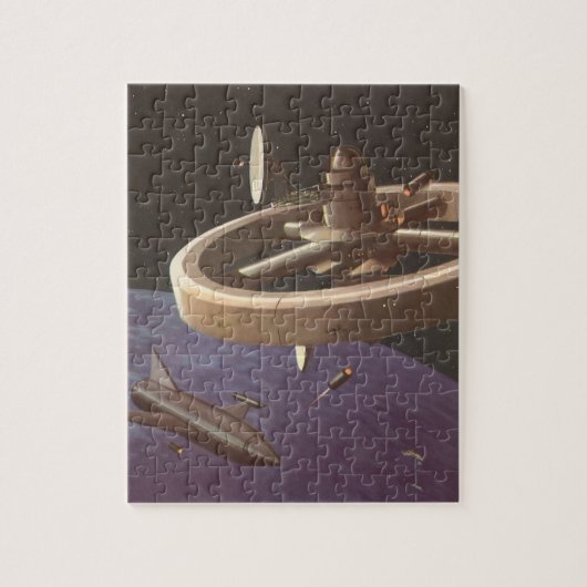 Klassieke sciencefiction, ruimtestation met planee legpuzzel (Verticaal)