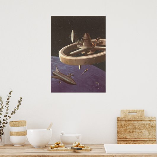 Klassieke sciencefiction, ruimtestation met planee poster (Keuken)