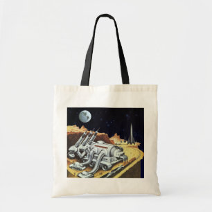 Klassieke sciencefiction, ruimtestation op de maan tote bag