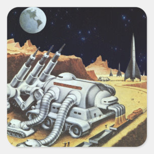 Klassieke sciencefiction, ruimtestation op de maan vierkante sticker