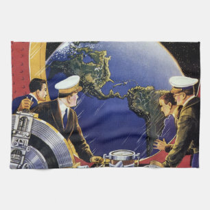 Klassieke sciencefictionastronauten in een baan om theedoek