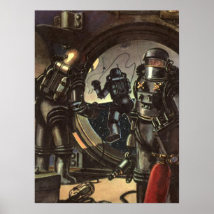 Klassieke sciencefictionastronauten op een ruimtew poster