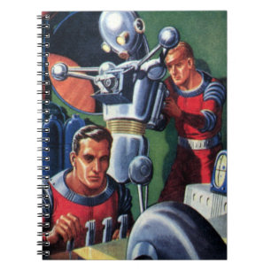 Klassieke sciencefictionastronauten repareren een  notitieboek