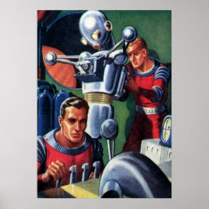 Klassieke sciencefictionastronauten repareren een poster