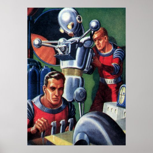 Klassieke sciencefictionastronauten repareren een poster (Voorkant)