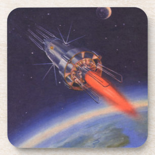 Klassieke sciencefictionraket in de ruimte boven d bier onderzetter