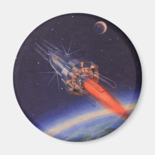 Klassieke sciencefictionraket in de ruimte boven d magneet