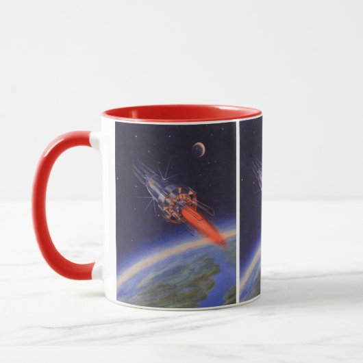 Klassieke sciencefictionraket in de ruimte boven d mok (Links)