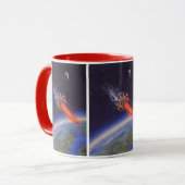 Klassieke sciencefictionraket in de ruimte boven d mok (Voorkant links)