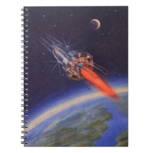 Klassieke sciencefictionraket in de ruimte boven d notitieboek