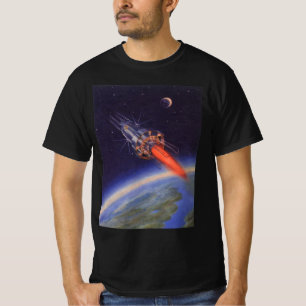 Klassieke sciencefictionraket in de ruimte boven d t-shirt