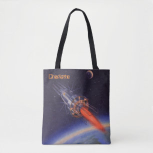 Klassieke sciencefictionraket in de ruimte boven d tote bag