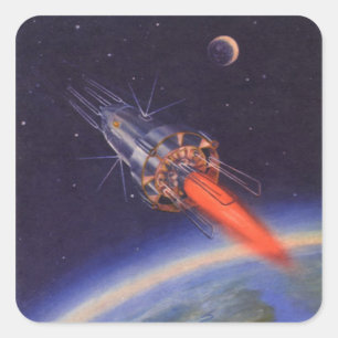 Klassieke sciencefictionraket in de ruimte boven d vierkante sticker