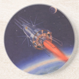 Klassieke sciencefictionraket in de ruimte boven d zandsteen onderzetter