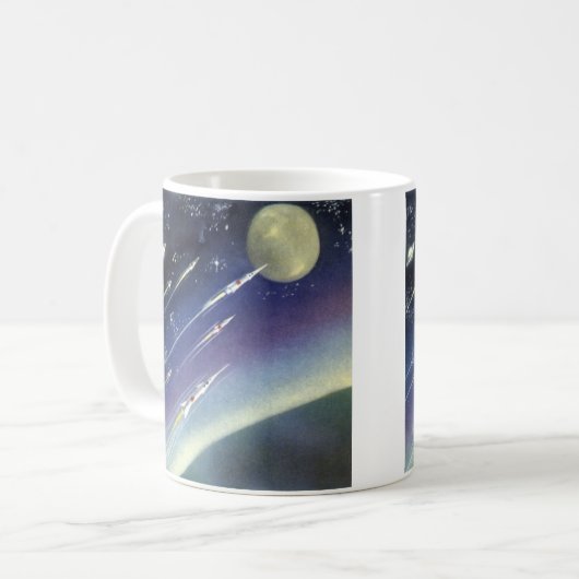 Klassieke sciencefictionraketten in de ruimte per  koffiemok (Voorkant links)
