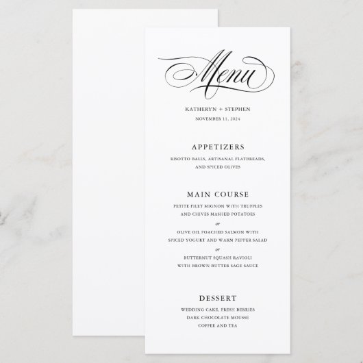 Klassieke Script Calligraphy Weddenrenmenu Menu (Voorkant / Achterkant)