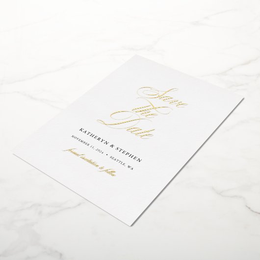 Klassieke Script Elegant Wedding Save the Date Gol Folie Uitnodiging (Gedraaid)